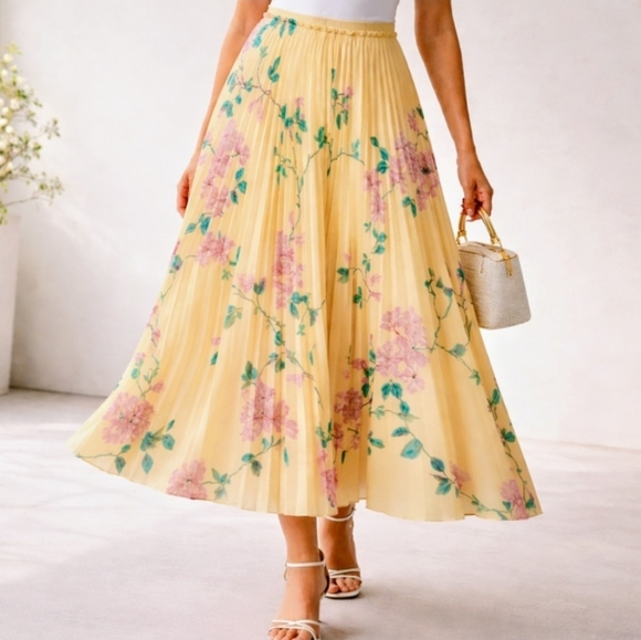 RED Valentino Dresses & Skirts - RED Valentino Pleated Floral Midi Skirt Pastel Yellow Italy Size 42, MSRP $975